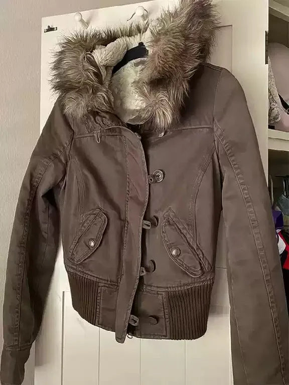 Vintage Fur Trim Hooded Bomber Jacket Brown Zipper Coat with Sherpa Lining Ribbed Cuffs Y2K Keep Warm Coats