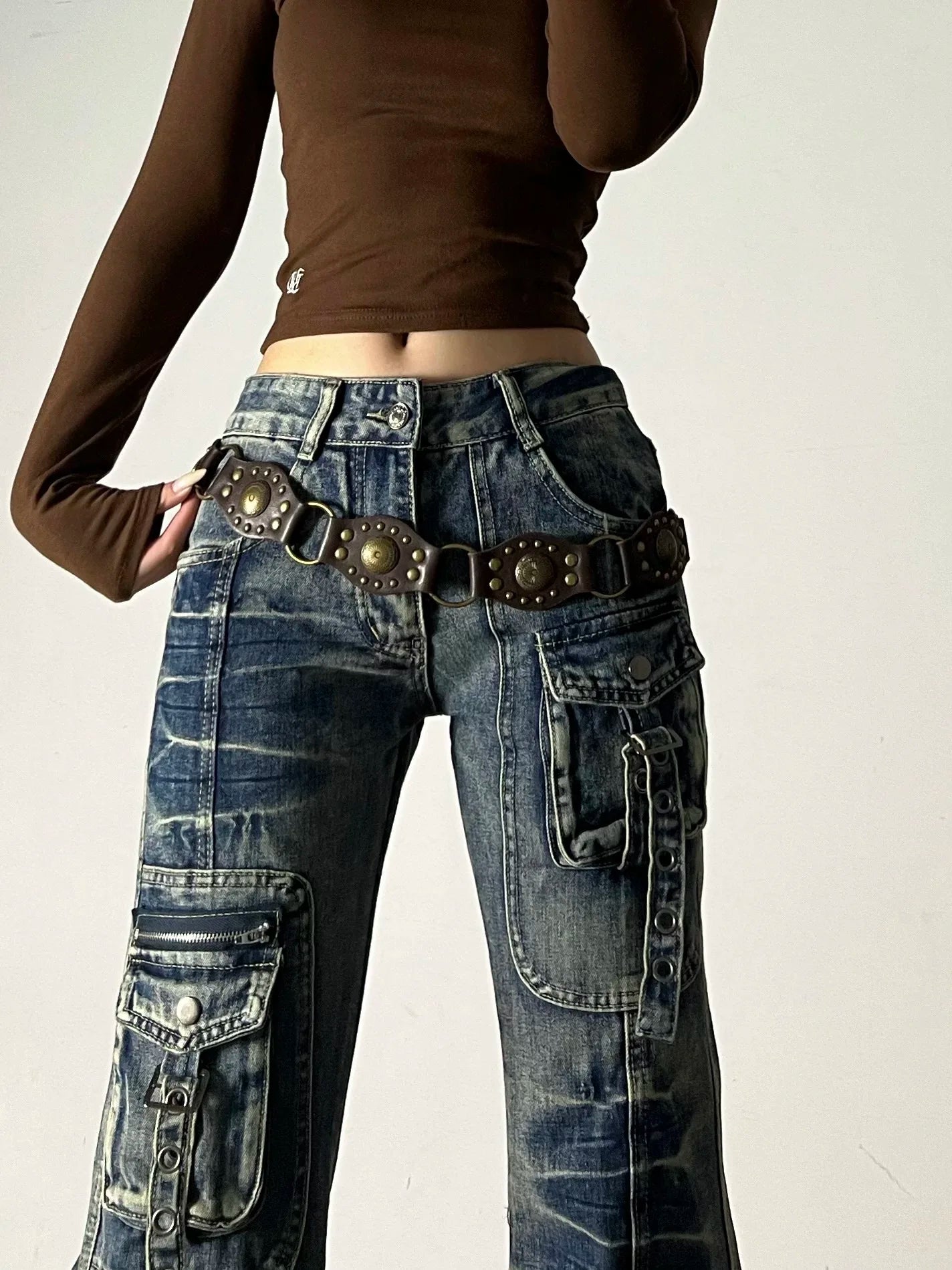 American Vintage Street Style Y2K Jeans High-street Multi-pocket Cargo Flared Floor-grazing Jeans Casual Punk Long Pants