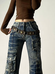 American Vintage Street Style Y2K Jeans High-street Multi-pocket Cargo Flared Floor-grazing Jeans Casual Punk Long Pants