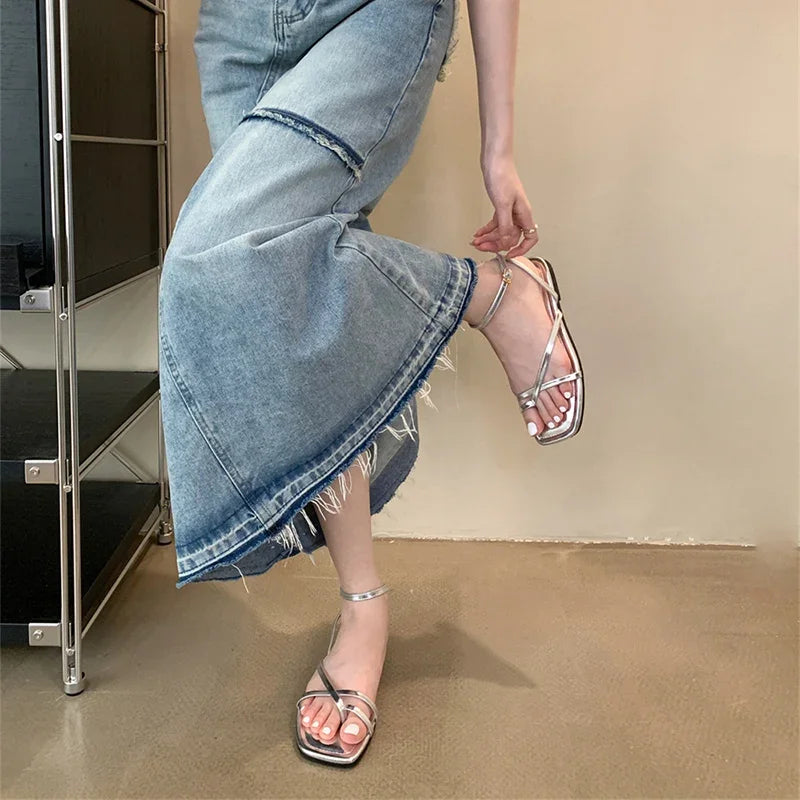 Gladiator Sandals Elegant Narrow Band Clip Toe Shoes Ladies Comfort Flats Beach Sandalias