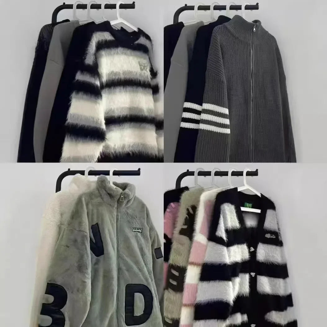 Soft Faux Mink Stripe Color Block Sweater Loose Design Lazy Style Knitted Top Thick Suitable