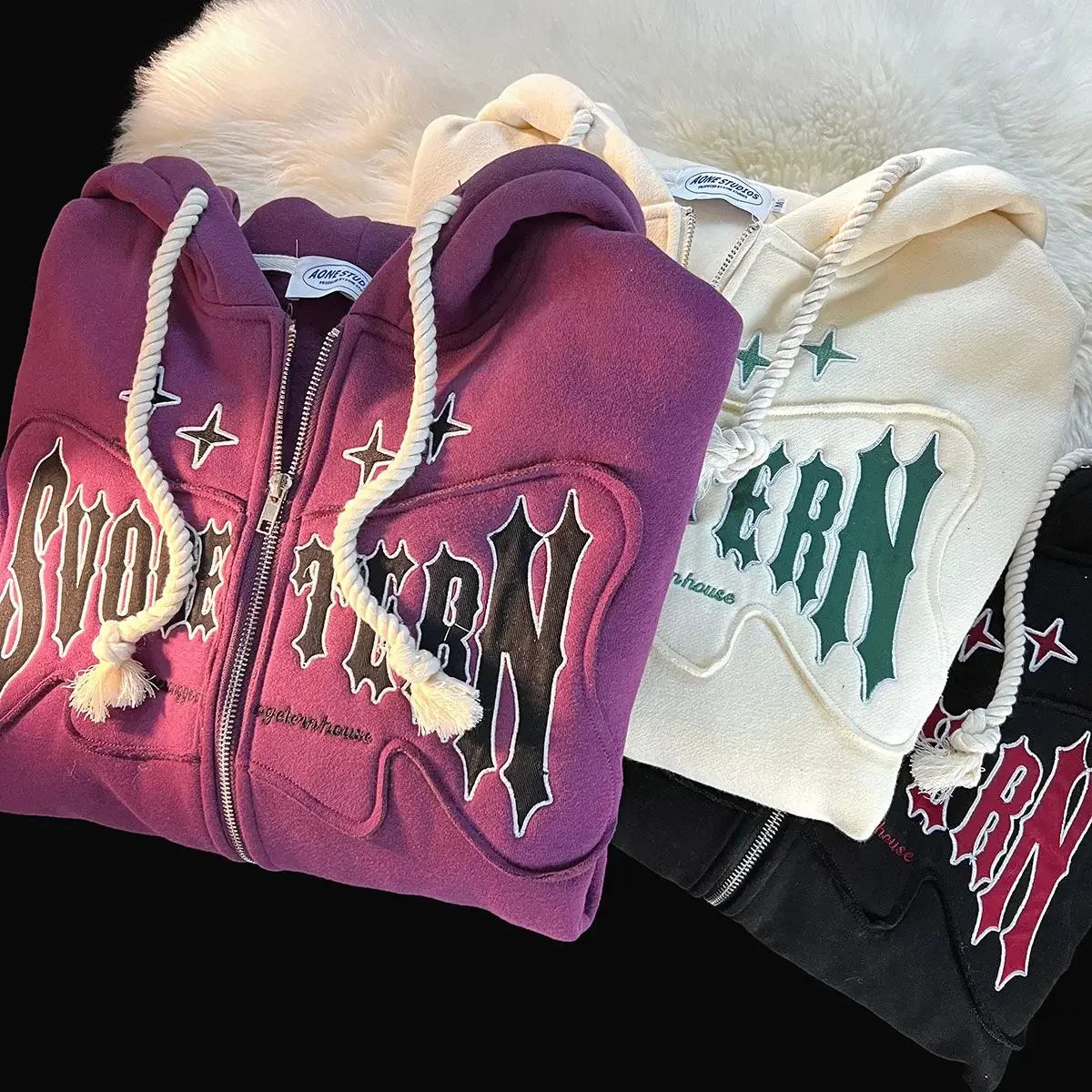 American Style Flocking Letter Embroidery Cardigan Hooded Sweater Plus Fleece Loose Trendy Couple Jacket