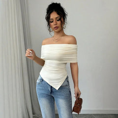Irregular White Knitted Top Off-shoulder Pleated Slim Fit Casual Streetwear T-shirt