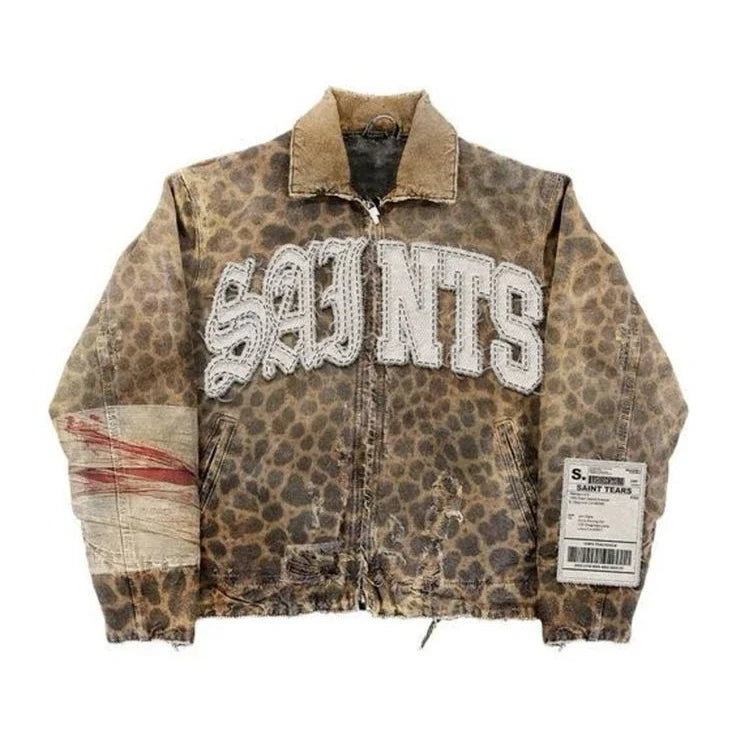 Vintage Camouflage Leopard Print Jackets Y2K Coat Harajuku Hiphop Letter Patch Embroidery Oversized Jacket Casual Coat