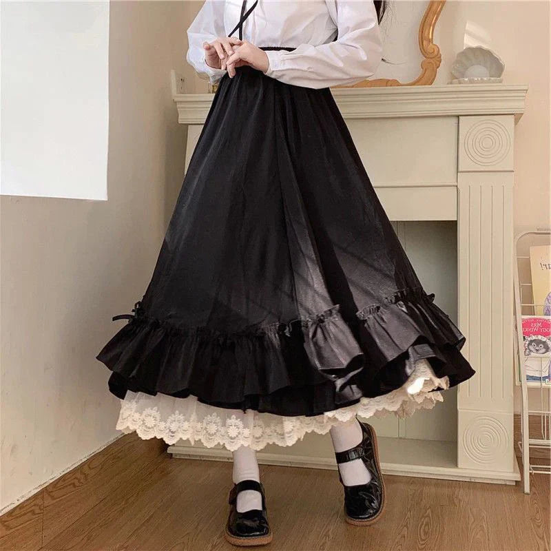 Sweet Midi Skirt Lace Patchwork Bow Preppy Fall Loose Casual Skirts Japanses Ruffle High Waist Solid Chic Skirt