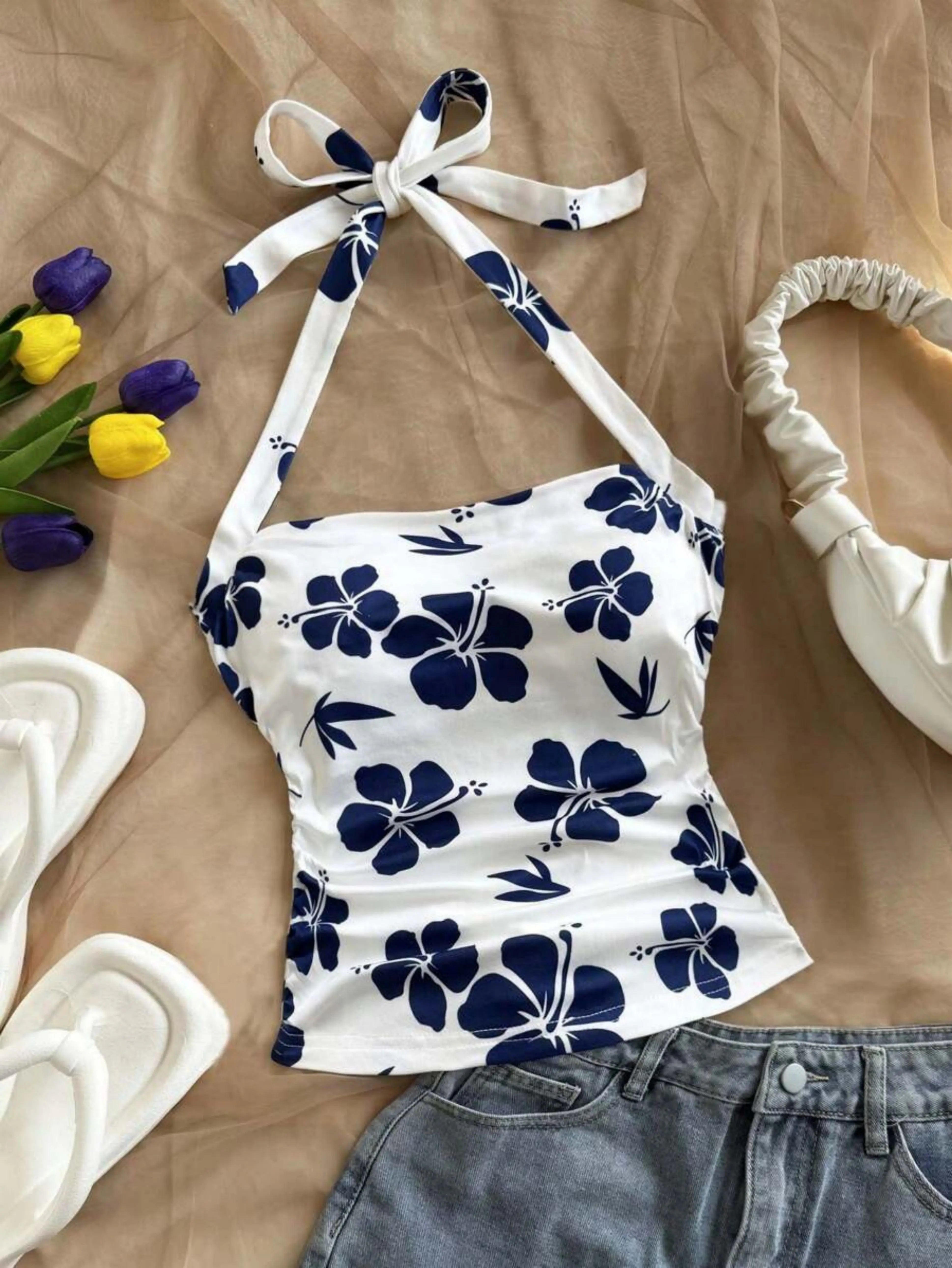 Ladies Beach Style Knitted Floral Print Halter Top Slim Fit Pleated Waist Youthful Vacation Top
