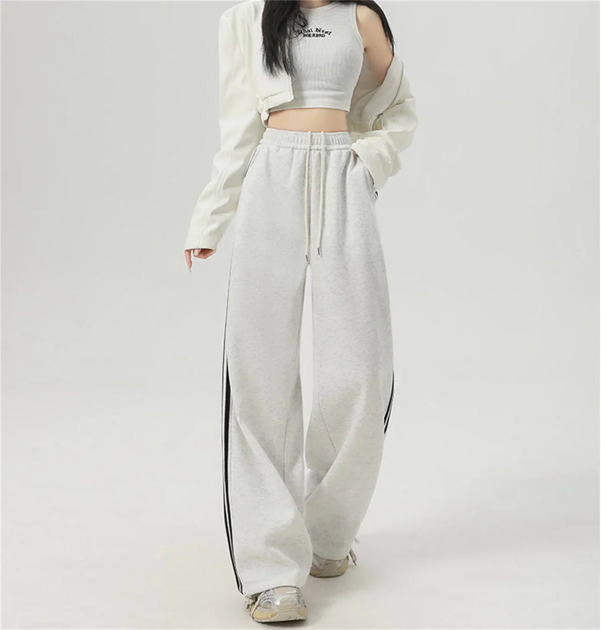 Stripe Chic Straight Pant Retro Sports Sweatpants High Waist Color Blocked Trouseres Lady Casual Streetwear
