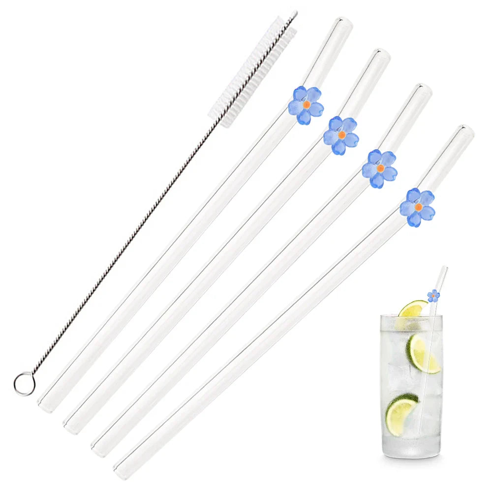 5Pcs 8mm Glass Straw Reusable Drinking Straws Cute Flower Heat-Resistant Straw