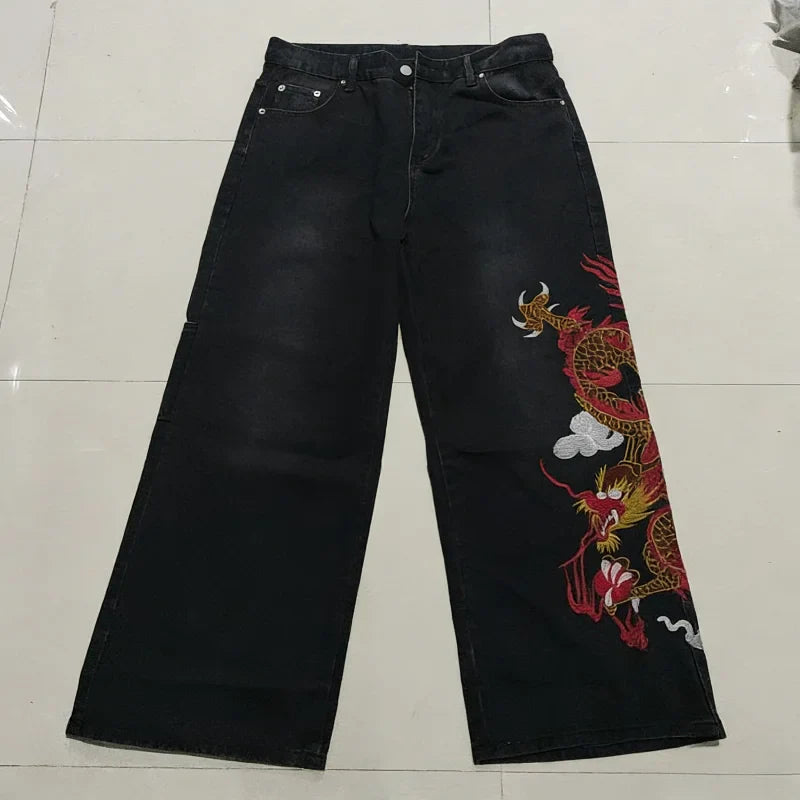 Brown Baggy Harajuku Wide Leg Jeans Dragon