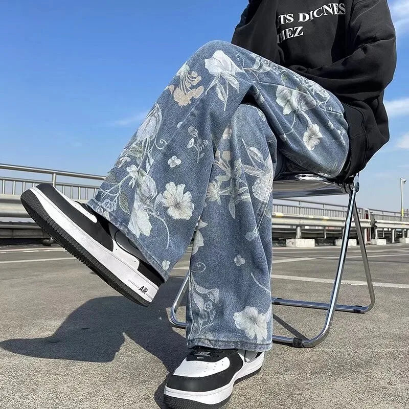 Printed Jeans Korean Styles Floral Denim Pant High Street Loose Straight Couples Trousers baggy hosen herren