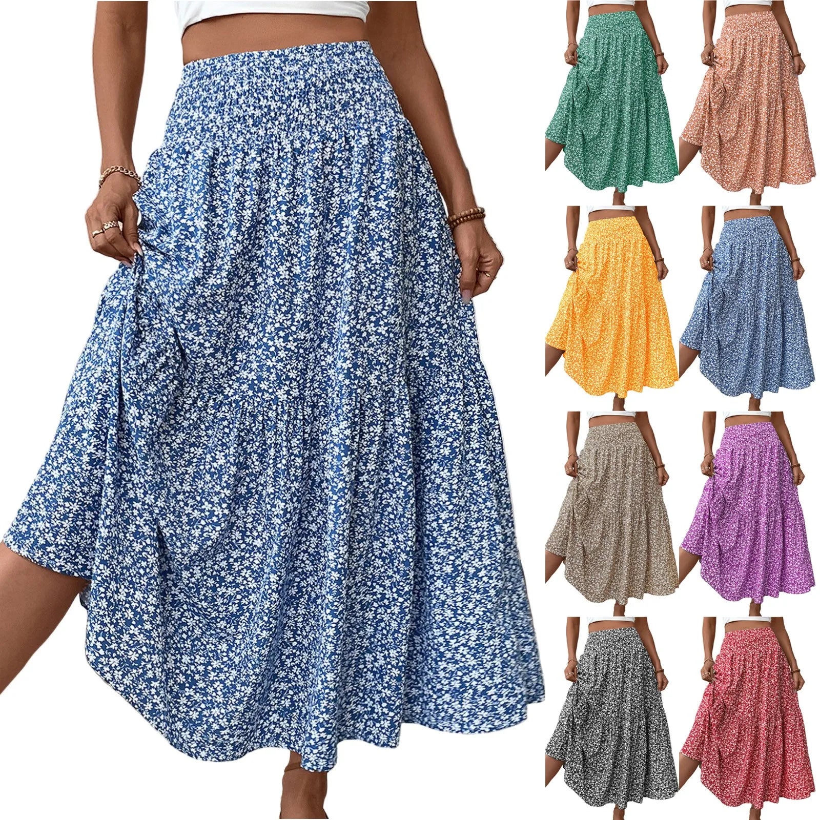 Pleated Floral Print Elastic Waist Loose Splicing A Line Skirt Skirts