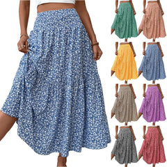 Pleated Floral Print Elastic Waist Loose Splicing A Line Skirt Skirts