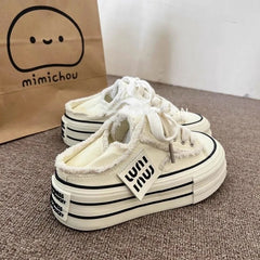 Casual Height Increasing Platform Canvas Shoes Outer White Sneakers Slipper Slip on Sandals Vulcanize Shoes