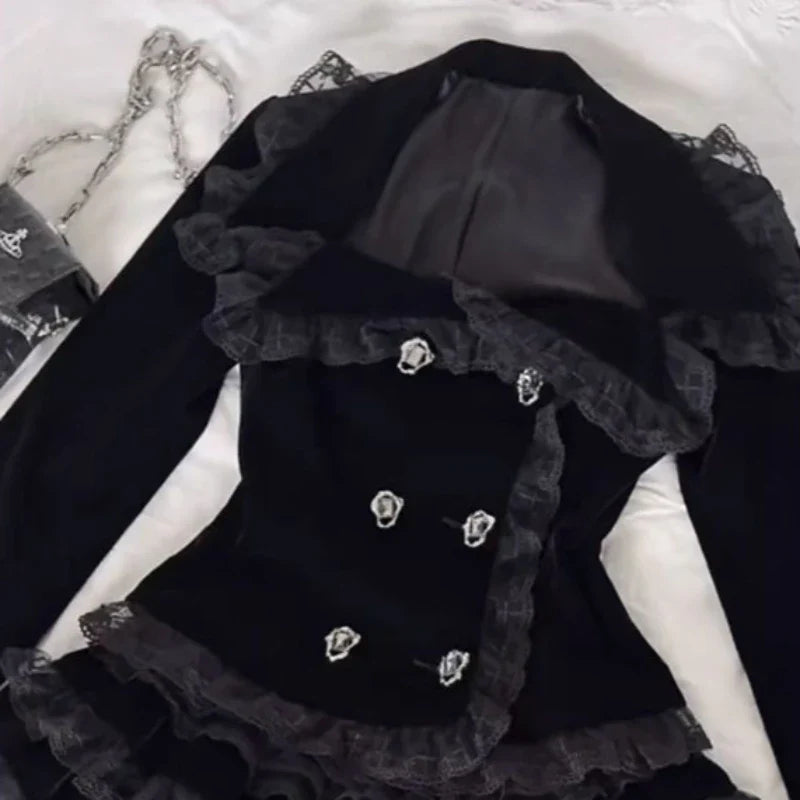Gothic Palace Style Lace Black 2-piece Set High Street Darkly Slim Patchwork Cross Cake Skirt Suit Y2k Girl Outfits