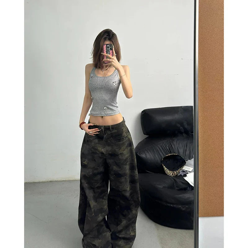 Jeans High Waist Baggy Casual Vintage Y2K Camouflage Straight Pants Street American Wide Leg Denim Trouser
