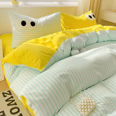 Small Fresh Cream Style Striped Simple Embroidery Big Eyes Four-piece Bed Sheet Quilt Cover Bed Sheet Dormitory Three-piece Set