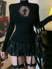 Turtleneck Top Y2k Clothes Black Gothic Cross Hollow Slimming Bottom T Shirt