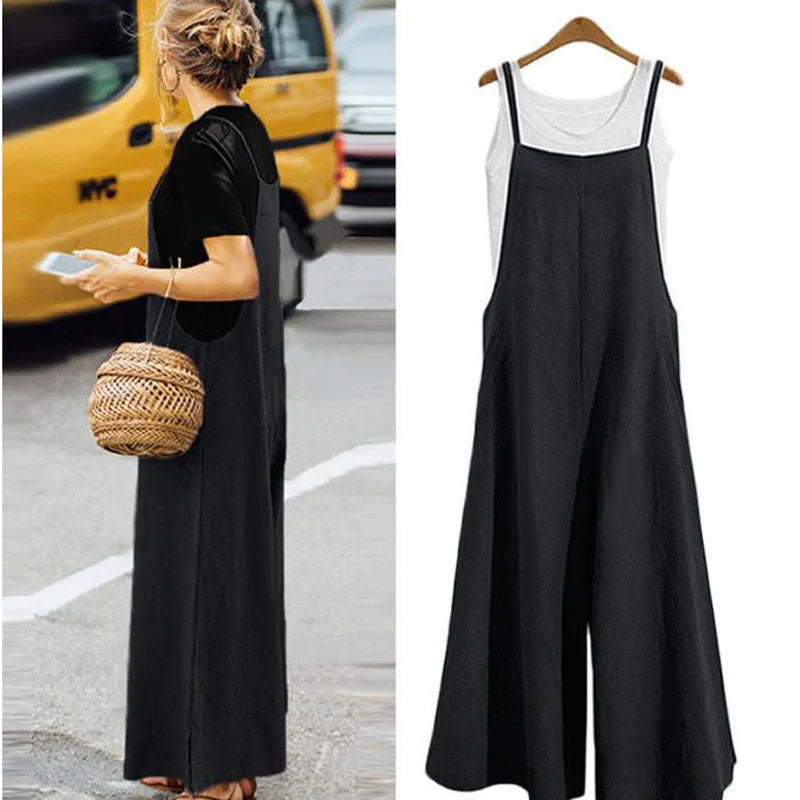 Straps Jumpsuit Solid Color Wide Leg Pants Dungaree Bib Overalls Casual Loose Sleeveless Cotton Linen Jumpsuits 5Xl