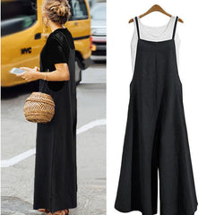Straps Jumpsuit Solid Color Wide Leg Pants Dungaree Bib Overalls Casual Loose Sleeveless Cotton Linen Jumpsuits 5Xl