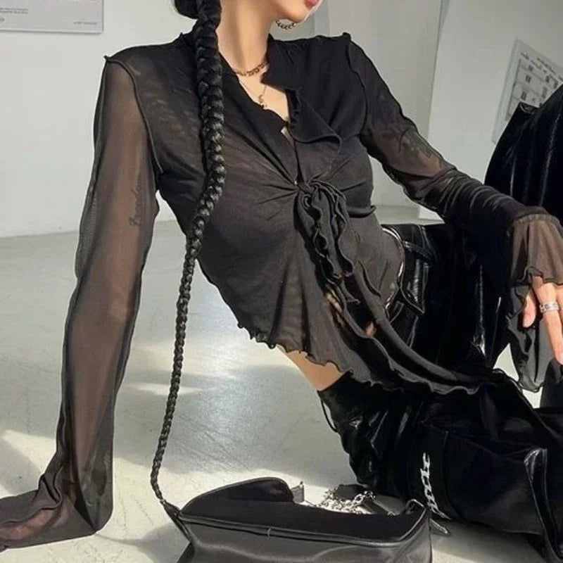 Long Flare Sleeve Sweet Girls Korean Blouses