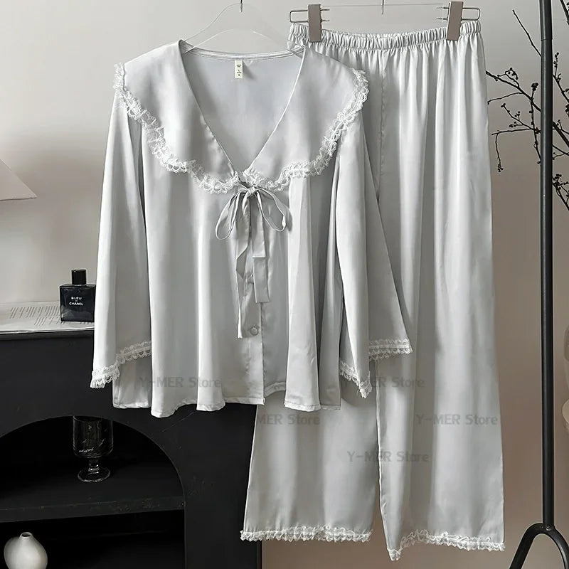 Japanese Sleepwear Pajamas Long Sleeve Pajamas Set Ladies Satin Cute Home Clothes Two Piece Set