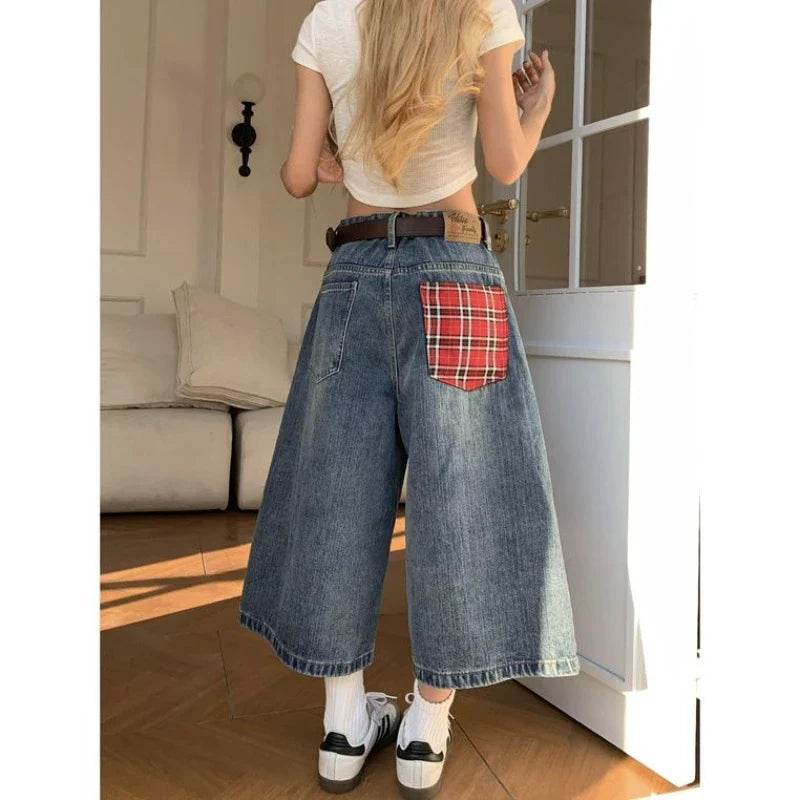 American retro plaid pocket wide-leg short jeans