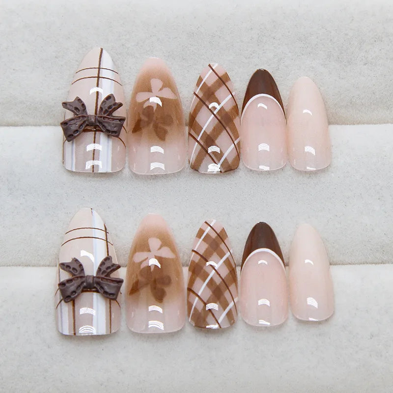 24Pcs Brown Plaid Press on Nails French Bow False Nail Medium Almond Atmosphere Wearable Nail