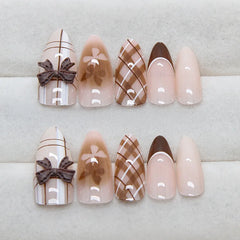 24Pcs Brown Plaid Press on Nails French Bow False Nail Medium Almond Atmosphere Wearable Nail