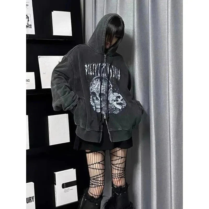 Korean Sweatshirts Harajuku Gothic Printed Coats Jackets Subculture Vintage Faux Fur Hooded Casual Y2k Clothing