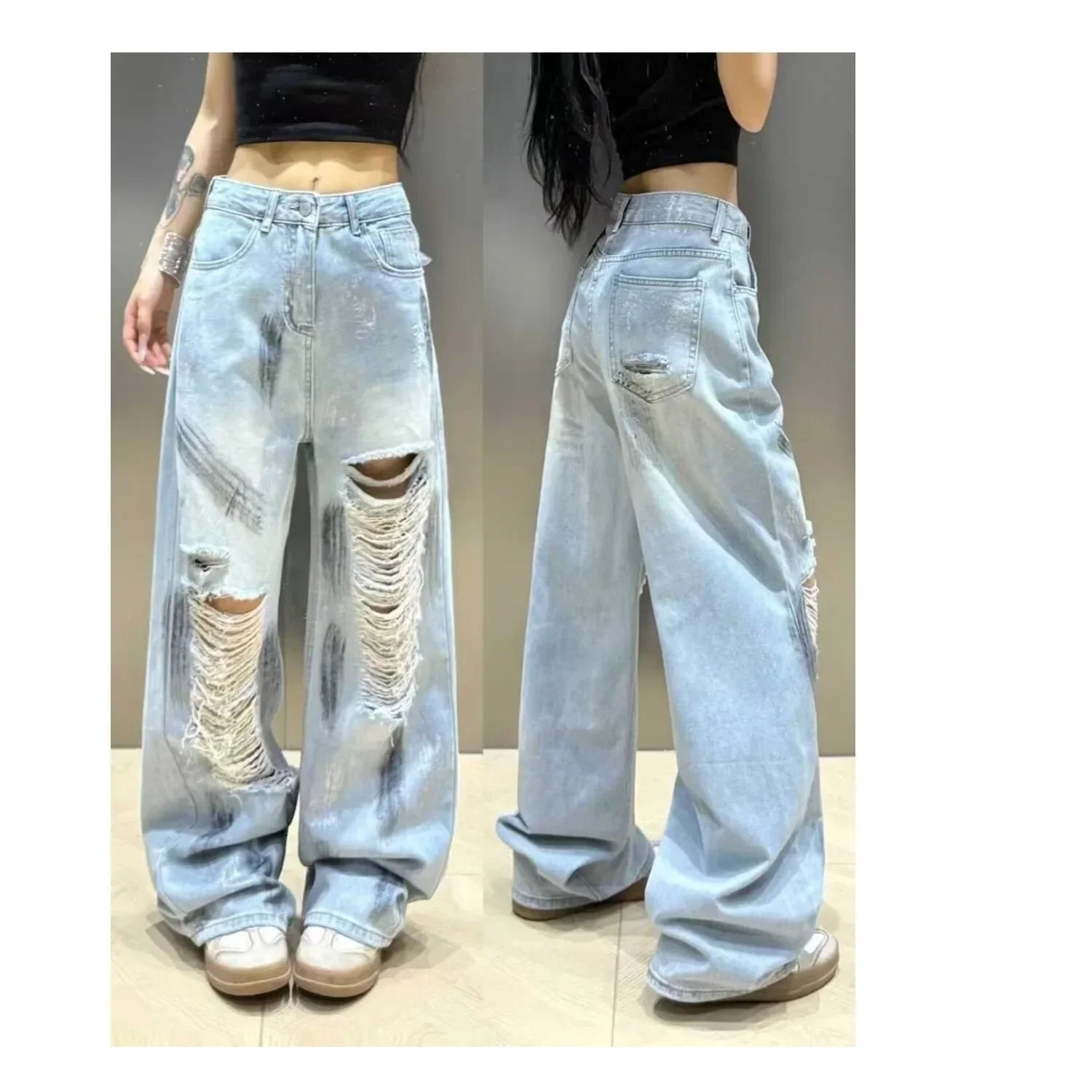 High Waist Wide Leg Denim Jeans Style High Street Hole Design Slimming Long Trousers Trendy