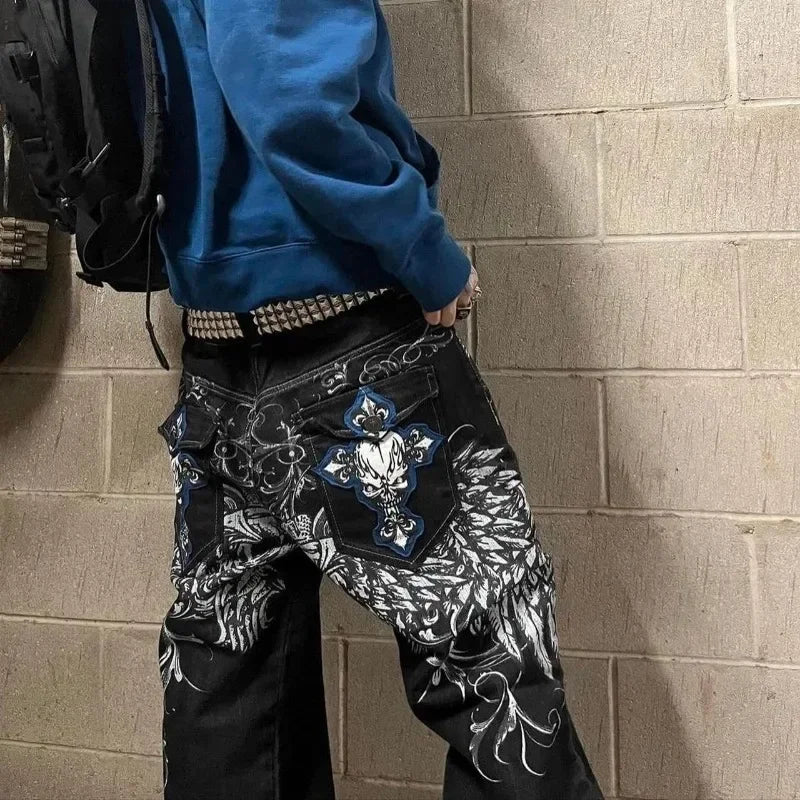 High Street Gothic Embroidered Black Red Pattern Y2K High Waist Jeans American Retro Street Couple Casual Pants