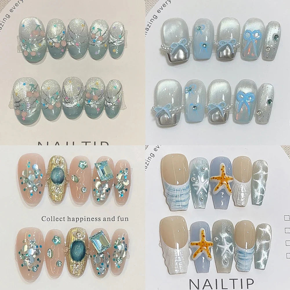 10Pcs Handmade Nude Color Press On Nails Sparkling Cat-Eye Cherry Star Marine Elements Sequins Cute Girlish Nail Suitable