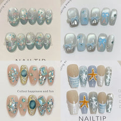 10Pcs Handmade Nude Color Press On Nails Sparkling Cat-Eye Cherry Star Marine Elements Sequins Cute Girlish Nail Suitable