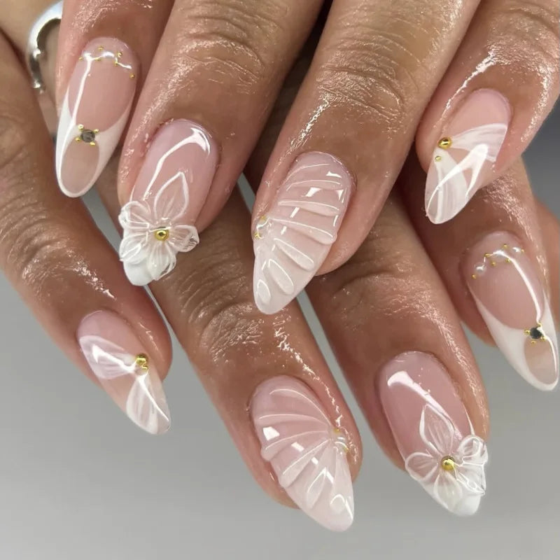 Blue White French 3D Flower Shell Nail Art Beach Almond False Nails Detachable Finished Fake Nails Press on Nails