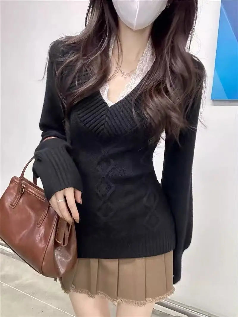 Fashionable Retro V-neck Long-sleeved Sweater Japanese Sweet
