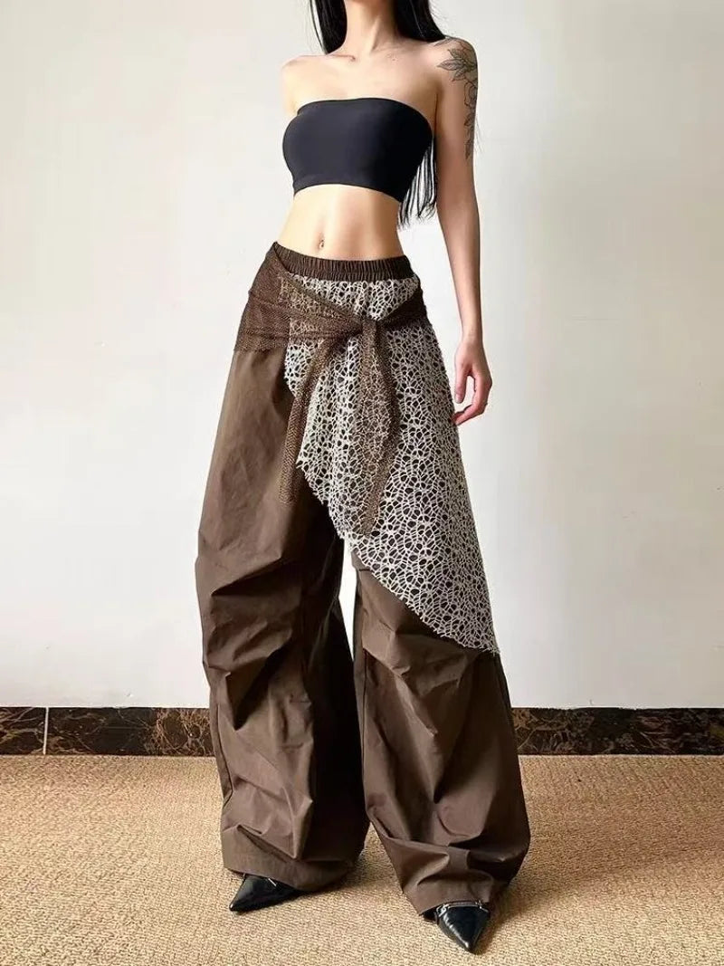 Korean retro streetwear wide leg pants Personality design lace decorated Y2k pants Harajuku oversized sweatpants