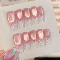 10pcs Aurora Cat Eye Handmade Press on Nails Pink Cherry Blossom False Nails Crystal Flower Pearl Fake Nails French Coffin Nail
