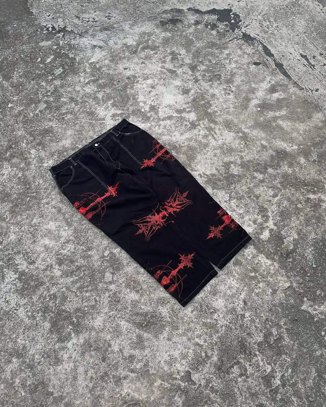 Y2K Goth Streetwear Cargo Pants Beige Wide Leg Trousers with Red Floral Graffiti Print Loose Fit Casual Punk Hip Hop Bottoms