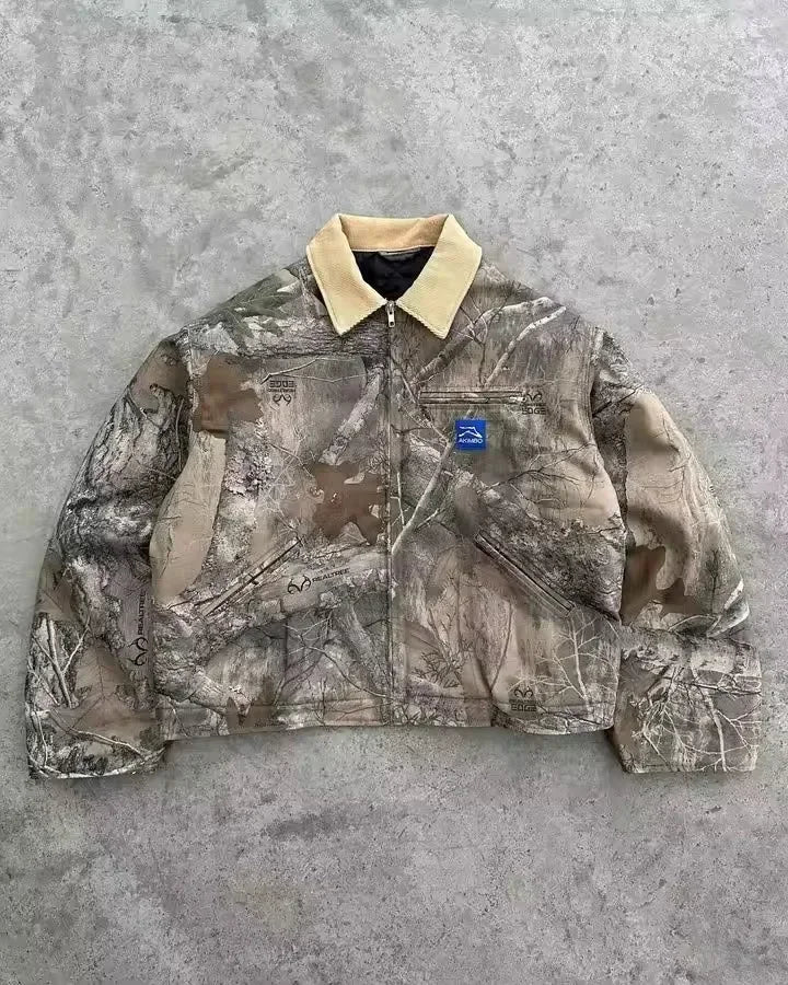 Streetwear Retro Vintage Camouflage Leaf Jacket Y2K Clothess Hip Hop Letter Patch Embroidery Oversized Jacket Casual Coats