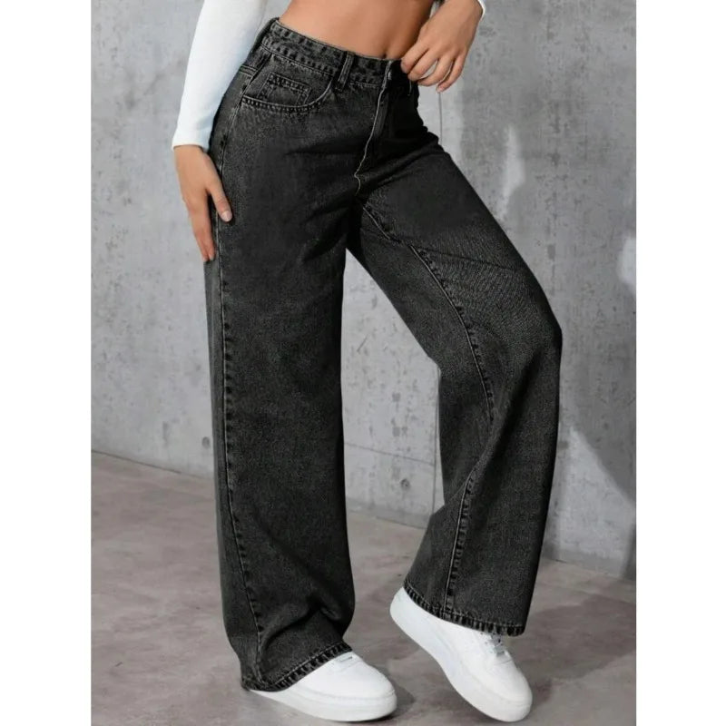 Classic Wide Leg Stretch Jeans with Button Soft Comfortable Vintage Wash Stylish Jeans High Street Pants