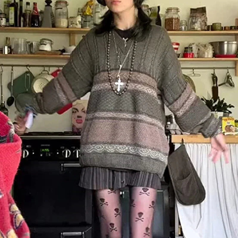 Dourbesty 2000s Vintage Sweater Y2K Casual Striped Long Sleeve Round Neck Preppy Style Pullover Tops Retro Grunge Knitwear