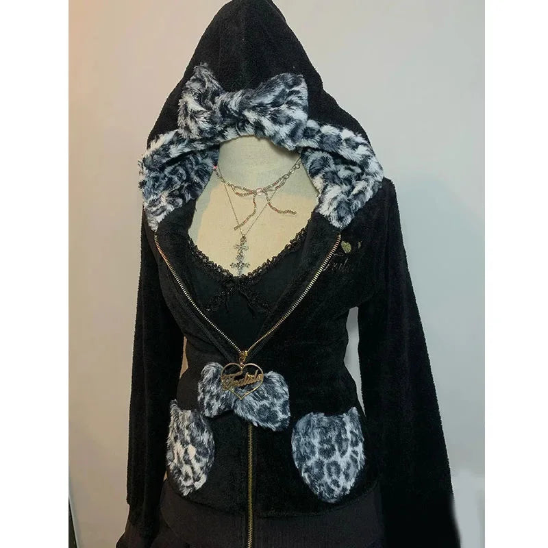 Streetwear Y2K Pullover Hoodie Retro Harajuku Pink Leopard Print Patchwork Sweatshirt Trend Sportswear Hoodie Top