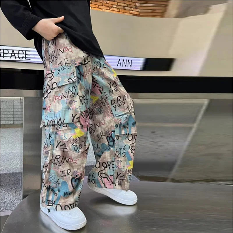 Child Pants Boys Trousers Teenager Clothing Kids Wide-legged Trousers Boy Letter Loose Pants