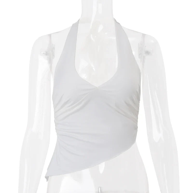 CandyBackless V-Neck Casual Halter Solid Irregular Camisole Y2K Daily Cute Streetwear Tank Top