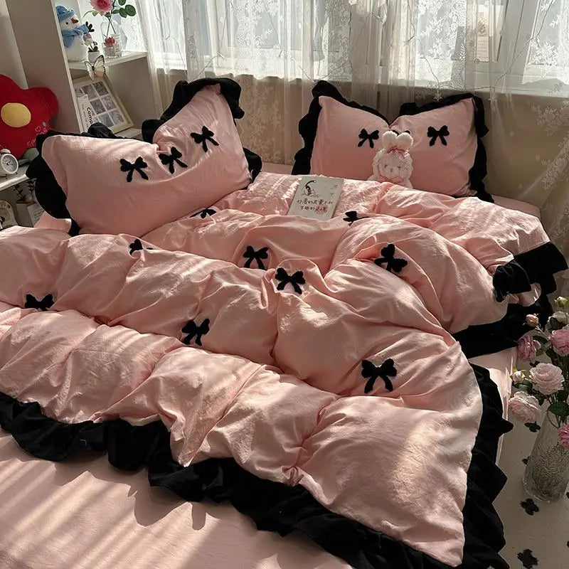 Ins Pink Bow Bedding Set Ruffles Duvet Cover Set Flat Sheet Set Girls Princess Bed Linen Set Single Twin Queen Bedclothes