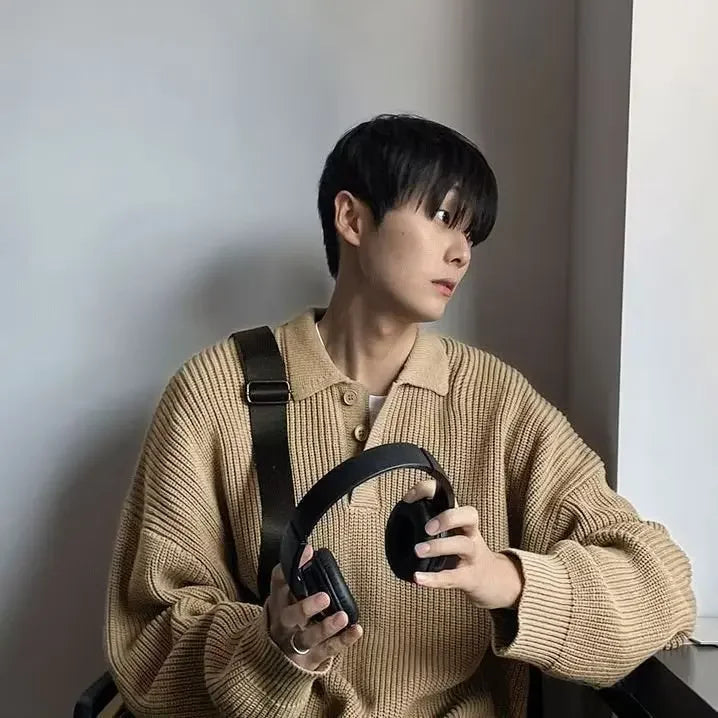 Laid-back Japanese Style Polo Neck Knitwear Hoodie American Retro High-End Crew Neck Pullover Student Top
