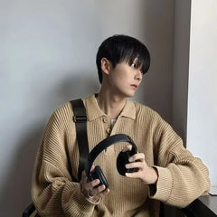 Laid-back Japanese Style Polo Neck Knitwear Hoodie American Retro High-End Crew Neck Pullover Student Top