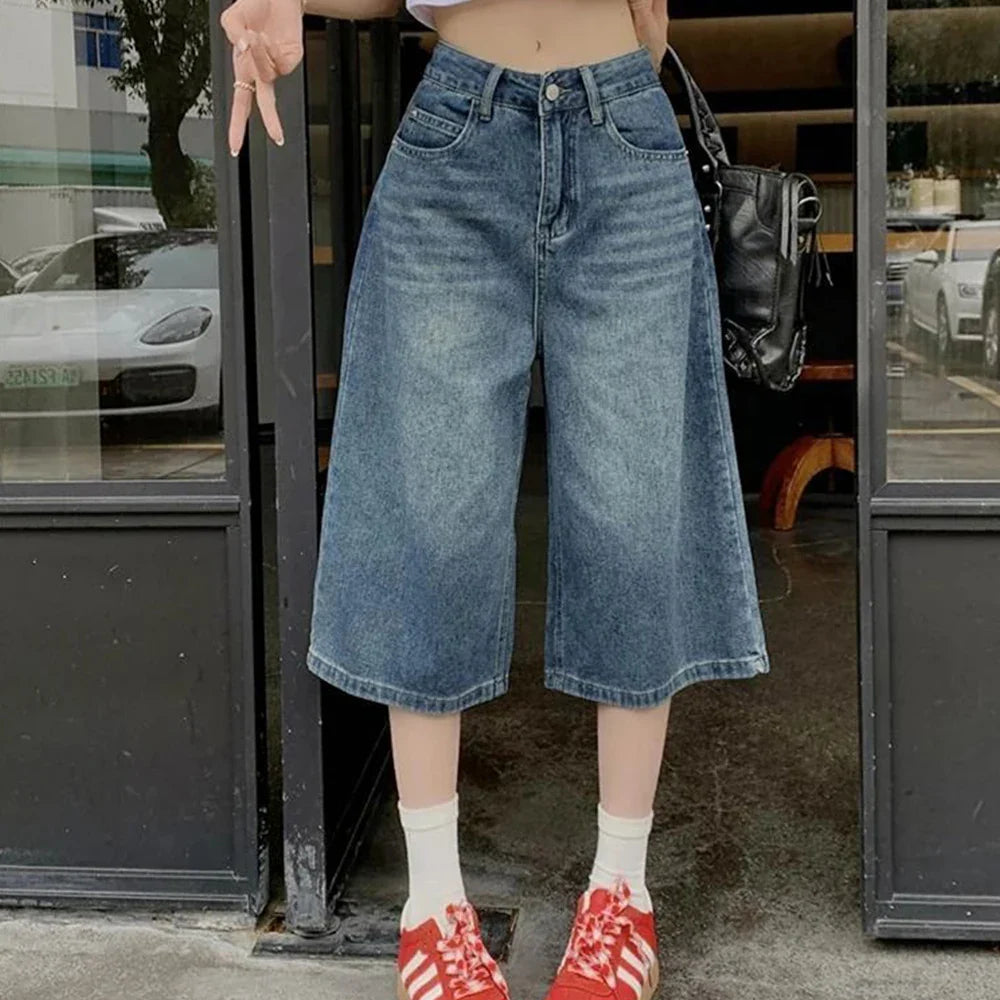 American Style Vintage Baggy Jeans Y2k Loose Washed High Waist Knee Length Denim Pants Streetwear Wide Leg Shorts