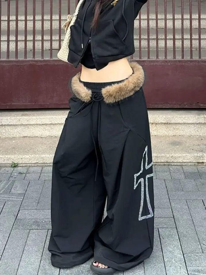 American Style Frayed-Edge Cross Casual Pants Trendy Hip-Hop High-Street Sweatpants Millennial Retro Y2K Pants