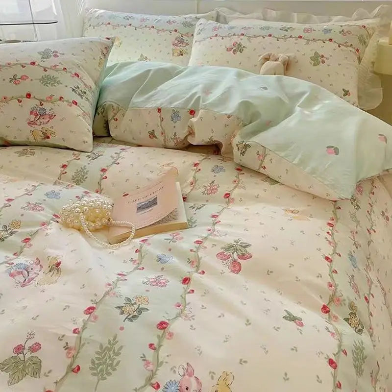Floral Duvet Cover Set with Flat Sheet Pillowcase No Filler Girls Twin Full Queen Size Korean Soft Bedding Set